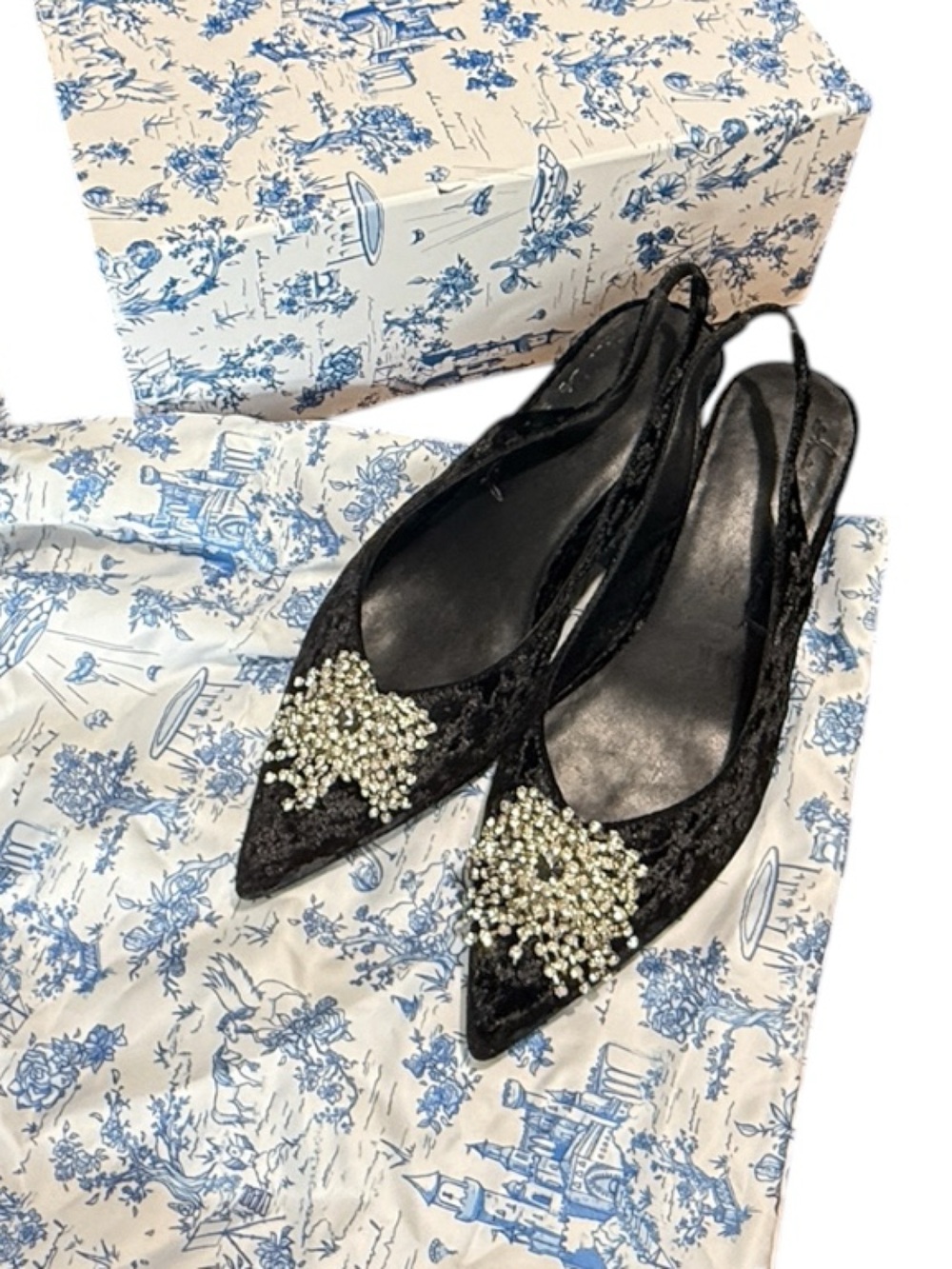 She is Cheval / Hayley Paige Black Velvet Embellished Sling Backs, 9.5